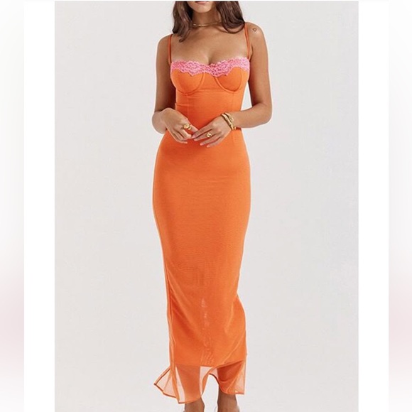 Commense Dresses & Skirts - Commense Orange Maxi Dress with Pink Lace Trim